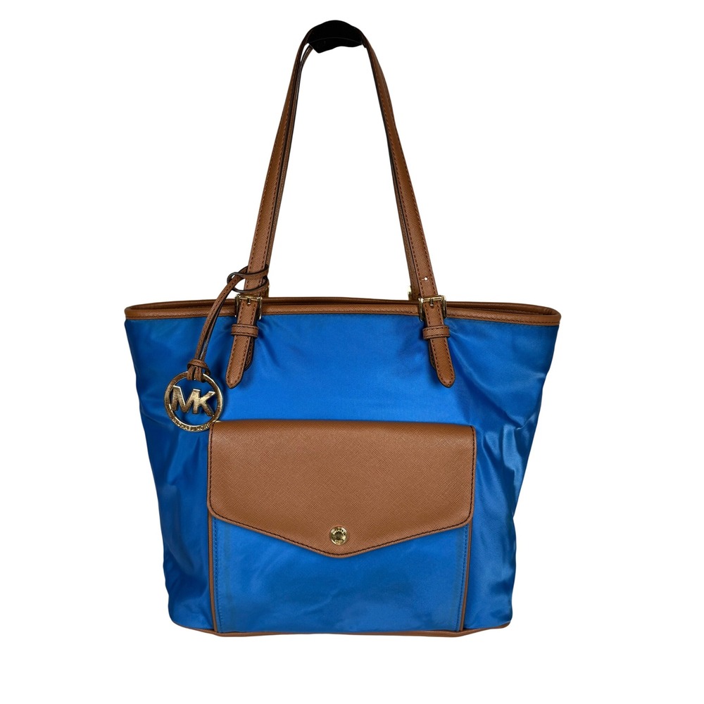 MICHAEL KORS Royal Blue Nylon Tote Bag Brown Trim Gold MK Charm Shoulder Handbag